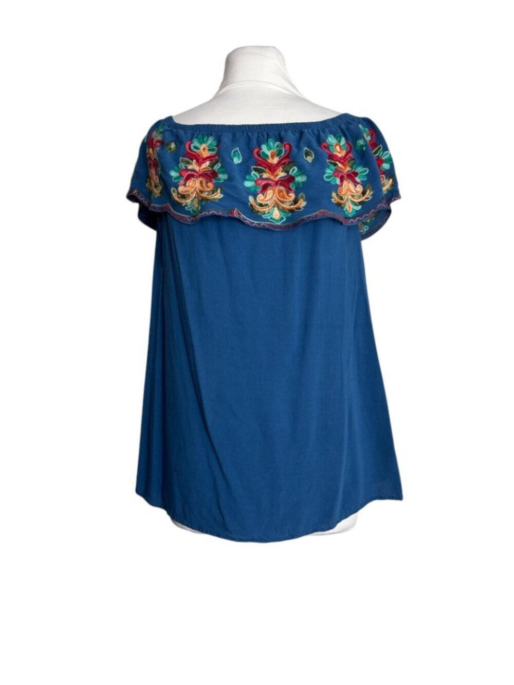 Surf Gypsy Blue Off Shoulder Embroidered Ruffled Top Blouse Size Small
